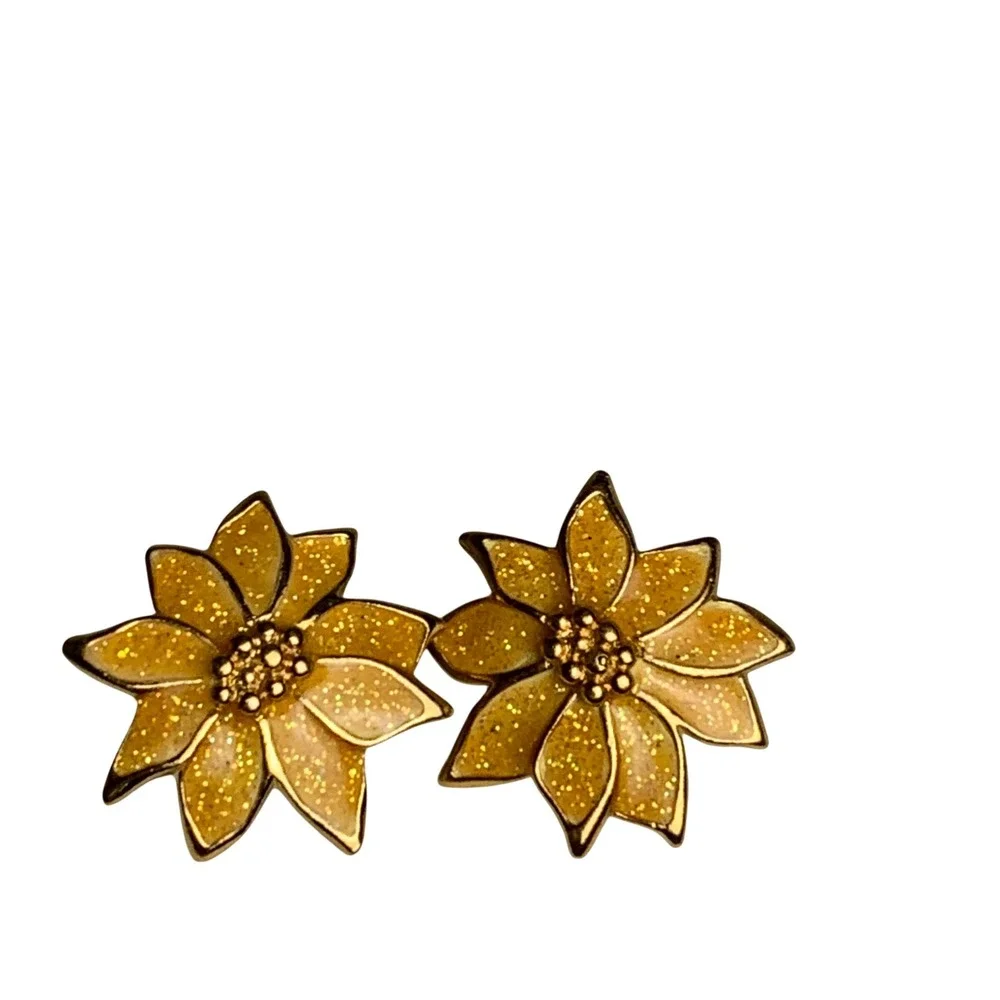 Avon Yellow Enamel Poinsettia Stud Earrings Gold‎ Tone Glitter Flower Jewelry
